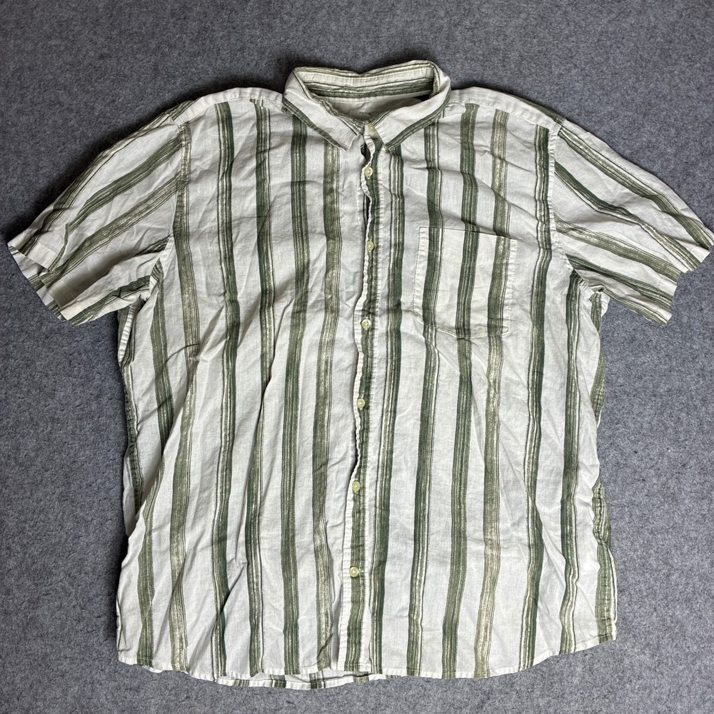 Gap Mens XL Linen Blend Short Sleeve Striped Button Down Shirt Green White
